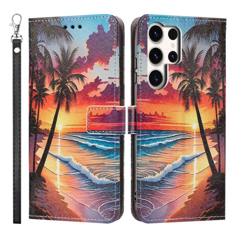 For Galaxy S24 Ultra 5G Painted Pattern Vegan Leather Phone Case with Strap
