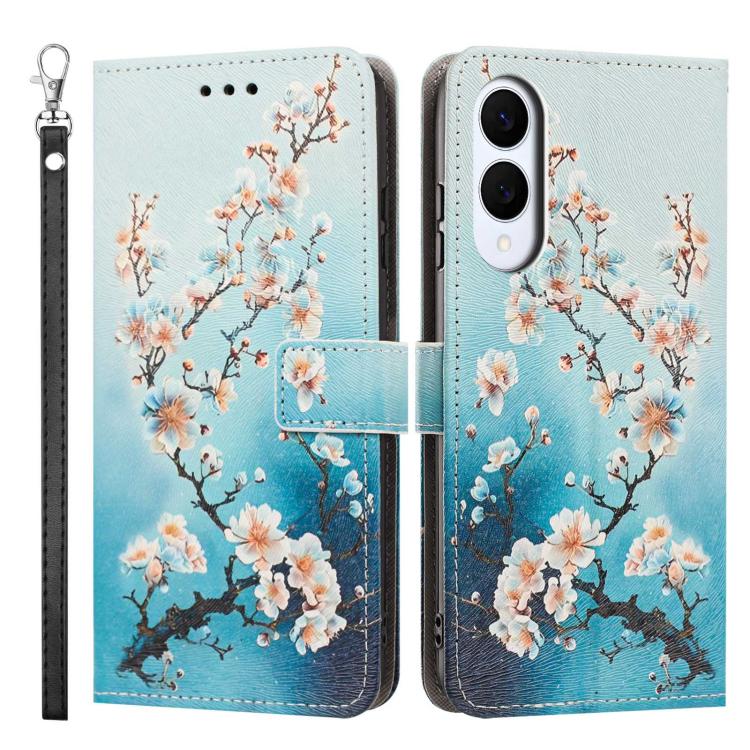 For Galaxy S25 Edge 5G Painted Pattern Vegan Leather Phone Case with Strap