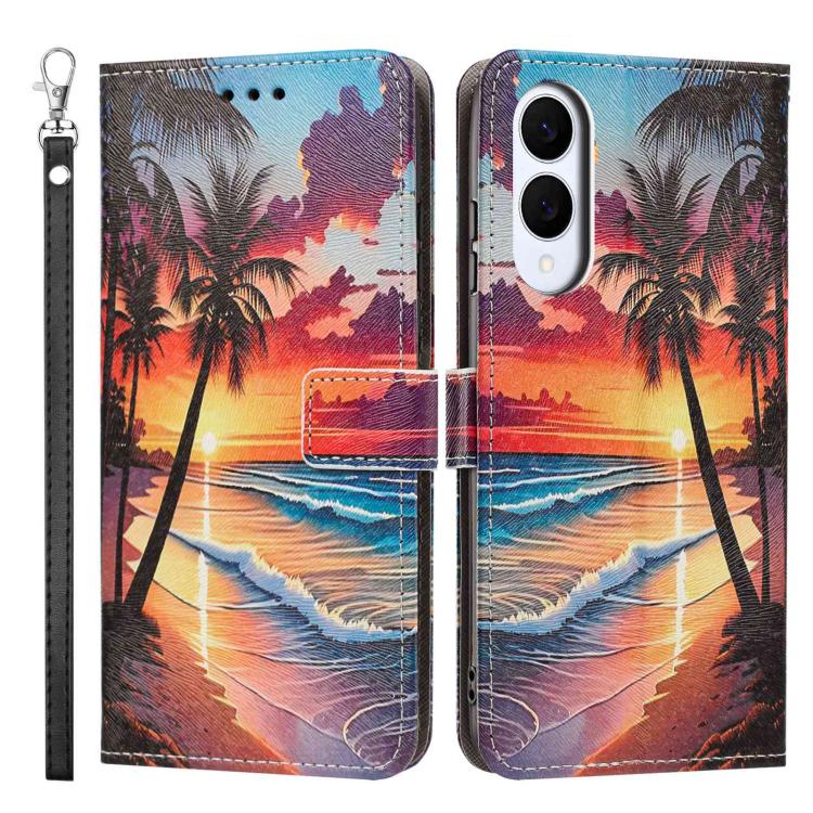 For Galaxy S25 Edge 5G Painted Pattern Vegan Leather Phone Case with Strap