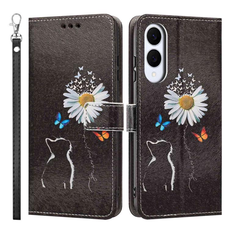 For Galaxy S25 Edge 5G Painted Pattern Vegan Leather Phone Case with Strap