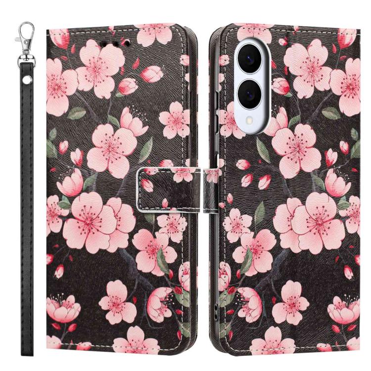 For Galaxy S25 Edge 5G Painted Pattern Vegan Leather Phone Case with Strap