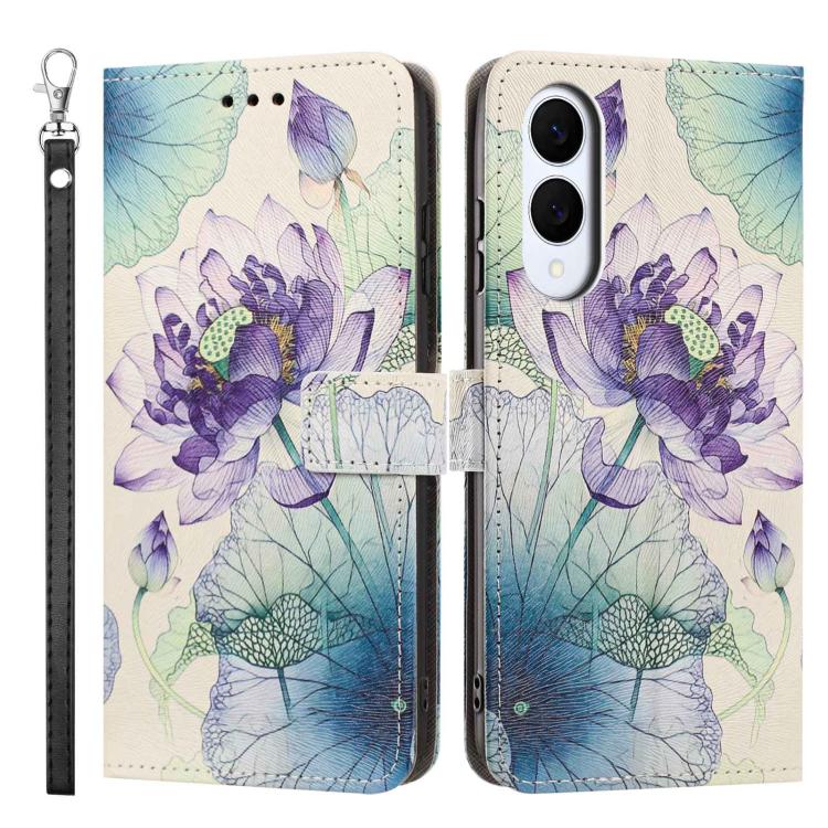 For Galaxy S25 Edge 5G Painted Pattern Vegan Leather Phone Case with Strap