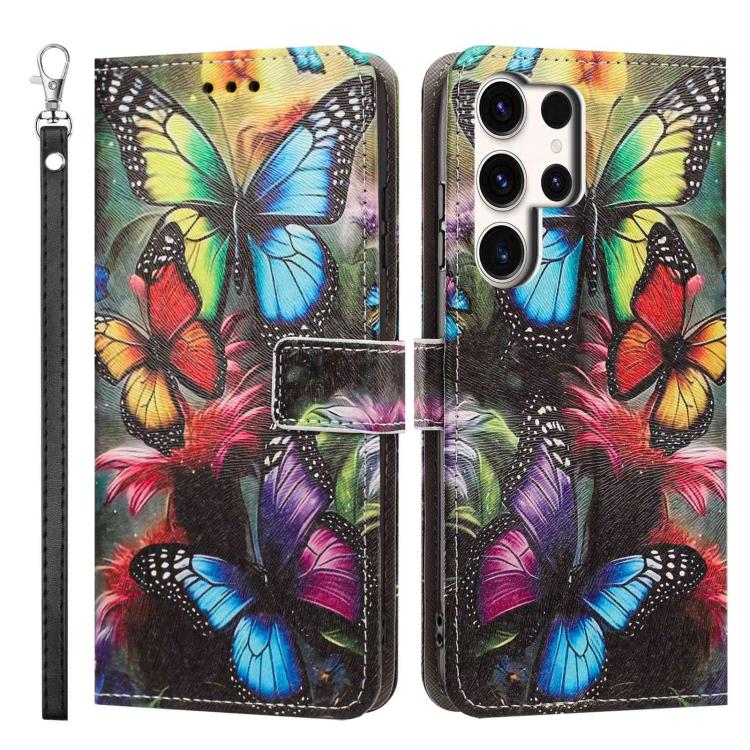 For Galaxy S25 Ultra 5G Painted Pattern Vegan Leather Phone Case with Strap