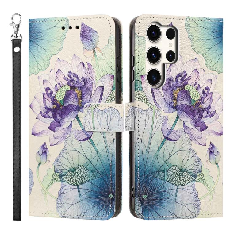 For Galaxy S25 Ultra 5G Painted Pattern Vegan Leather Phone Case with Strap