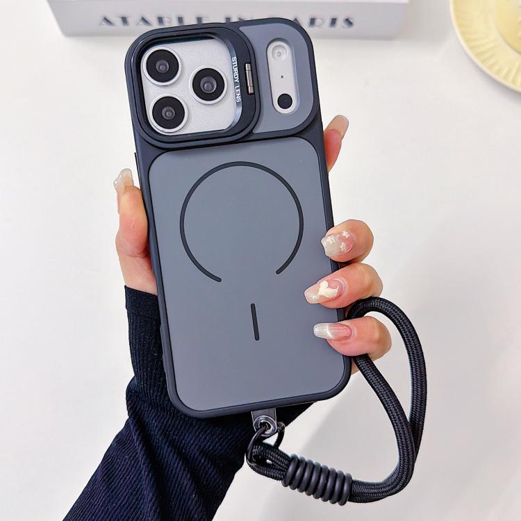For iPhone 17 Pro Max Skin Feel Camera Holder Fine Circle Magnetic Phone Case with Lanyard