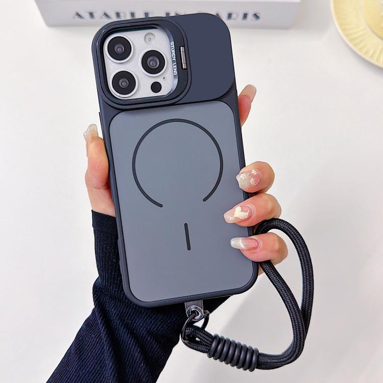 For iPhone 16 Pro Max Skin Feel Camera Holder Fine Circle Magnetic Phone Case with Lanyard