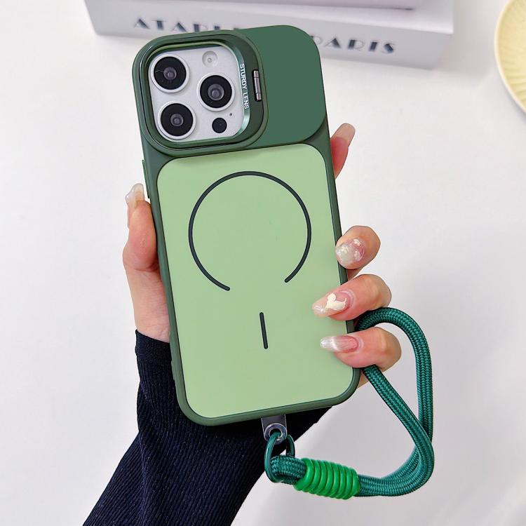 For iPhone 16 Pro Max Skin Feel Camera Holder Fine Circle Magnetic Phone Case with Lanyard