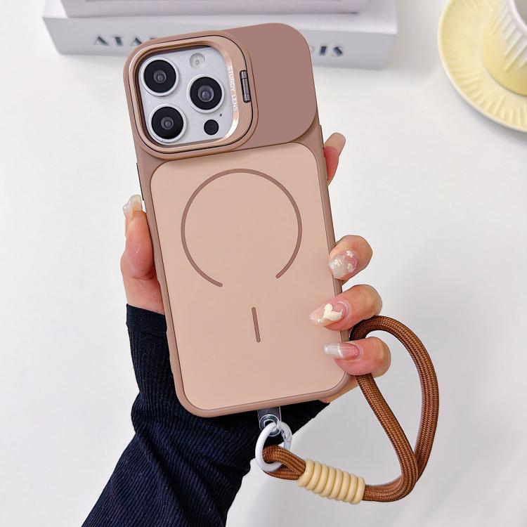 For iPhone 16 Pro Max Skin Feel Camera Holder Fine Circle Magnetic Phone Case with Lanyard