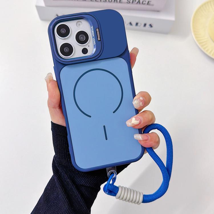 For iPhone 16 Pro Max Skin Feel Camera Holder Fine Circle Magnetic Phone Case with Lanyard