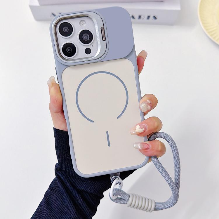 For iPhone 16 Pro Skin Feel Camera Holder Fine Circle Magnetic Phone Case with Lanyard