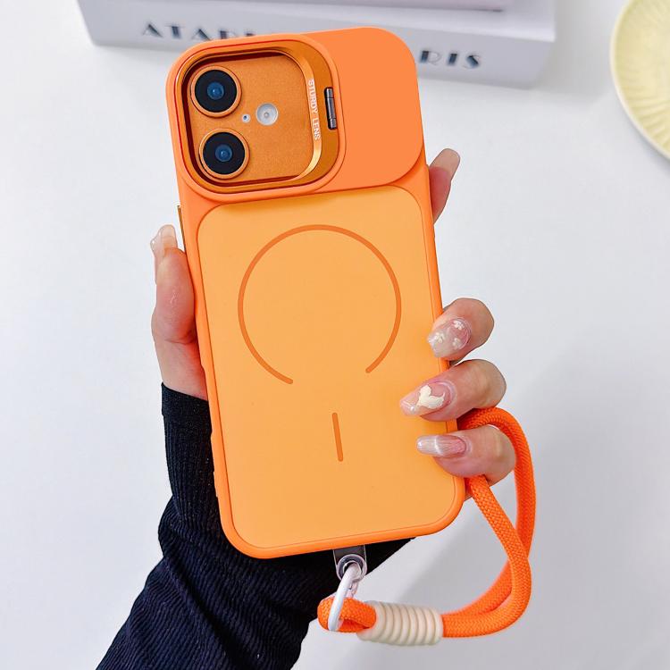 For iPhone 16 Skin Feel Camera Holder Fine Circle Magnetic Phone Case with Lanyard