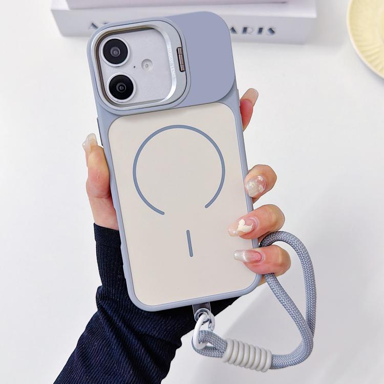 For iPhone 16 Skin Feel Camera Holder Fine Circle Magnetic Phone Case with Lanyard