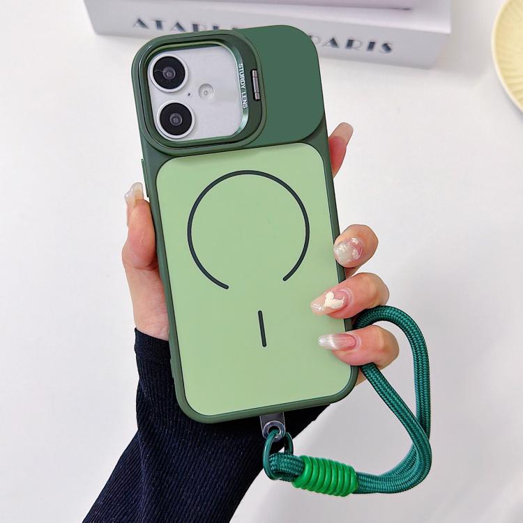 For iPhone 16 Skin Feel Camera Holder Fine Circle Magnetic Phone Case with Lanyard