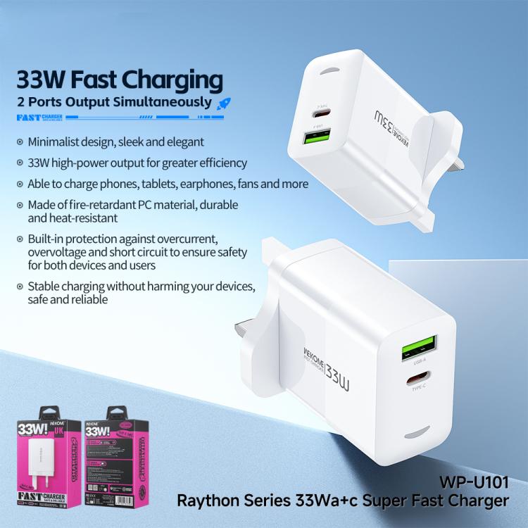 WK WP-U101 Raython Series 33W USB and Type-C Fast Charger, UK Plug - White