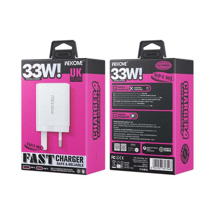 WK WP-U101 Raython Series 33W USB and Type-C Fast Charger, UK Plug - White