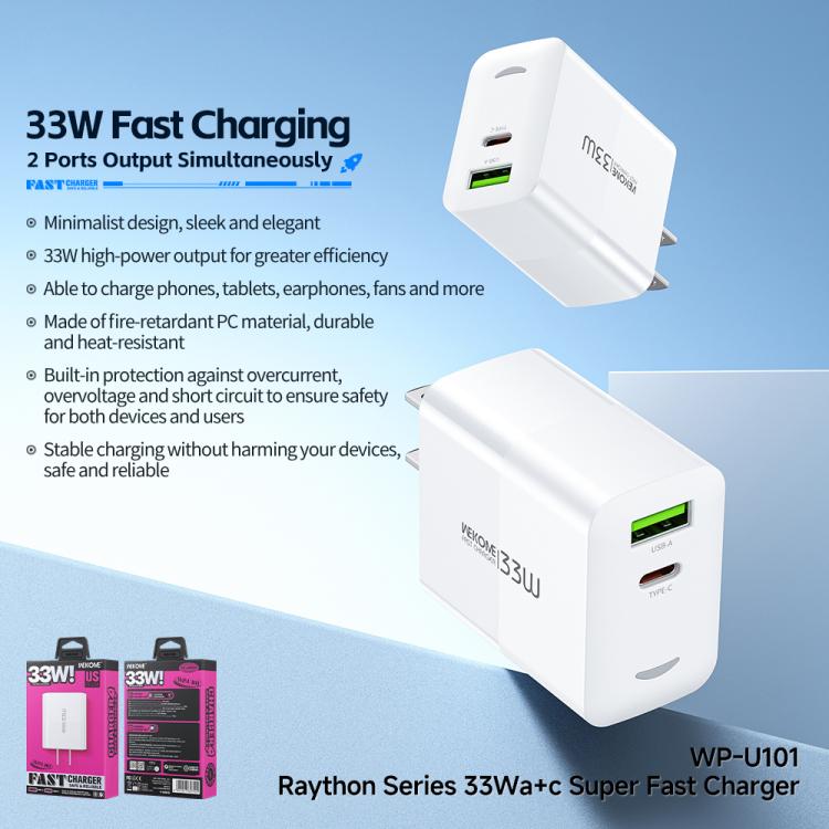 WK WP-U101 Raython Series 33W USB and Type-C Fast Charger, US Plug - White