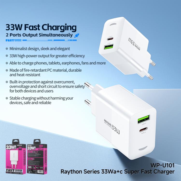 WK WP-U101 Raython Series 33W USB and Type-C Fast Charger, EU Plug - White