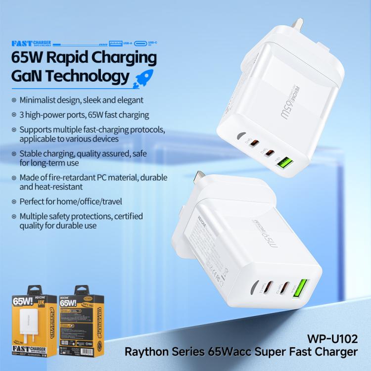 WK WP-U102 Raython Series 65W USB and Type-Cx2 Fast Charger, UK Plug - White