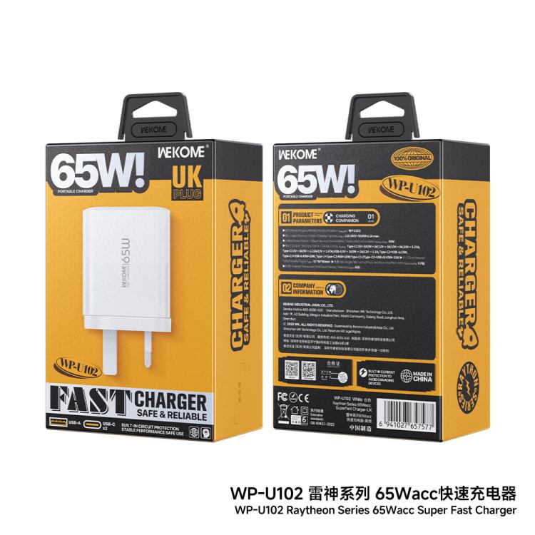 WK WP-U102 Raython Series 65W USB and Type-Cx2 Fast Charger, UK Plug - White