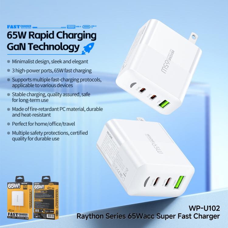 WK WP-U102 Raython Series 65W USB and Type-Cx2 Fast Charger, US Plug - White