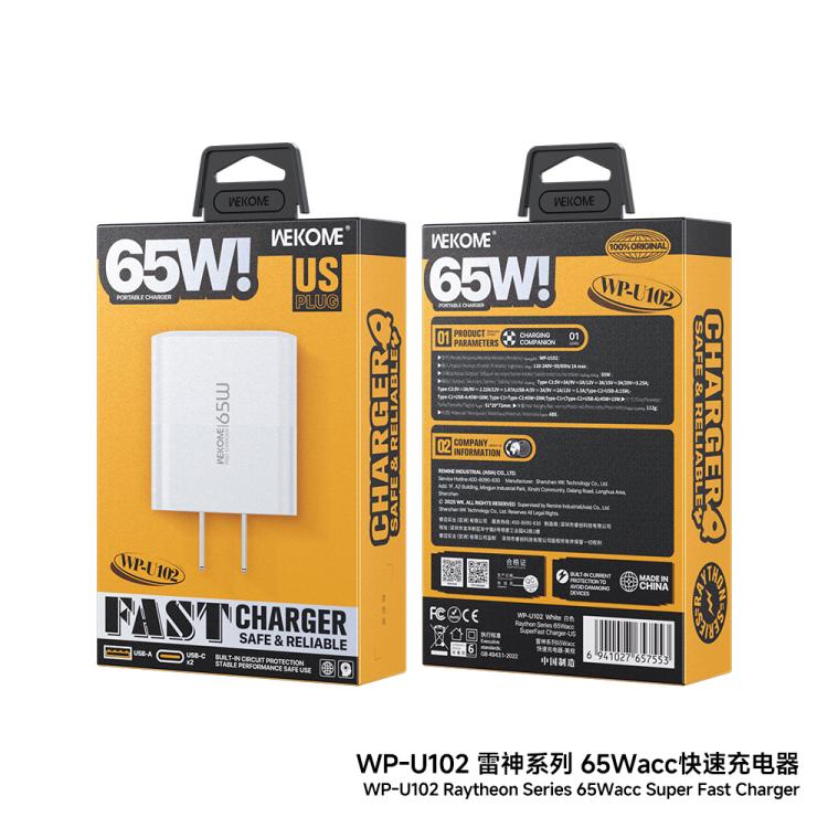 WK WP-U102 Raython Series 65W USB and Type-Cx2 Fast Charger, US Plug - White