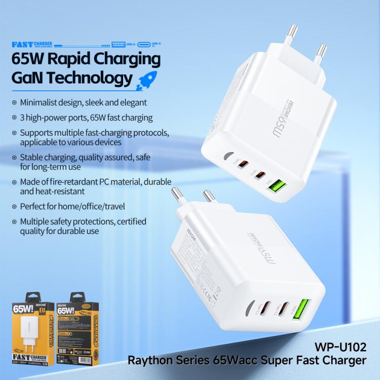 WK WP-U102 Raython Series 65W USB and Type-Cx2 Fast Charger, EU Plug - White