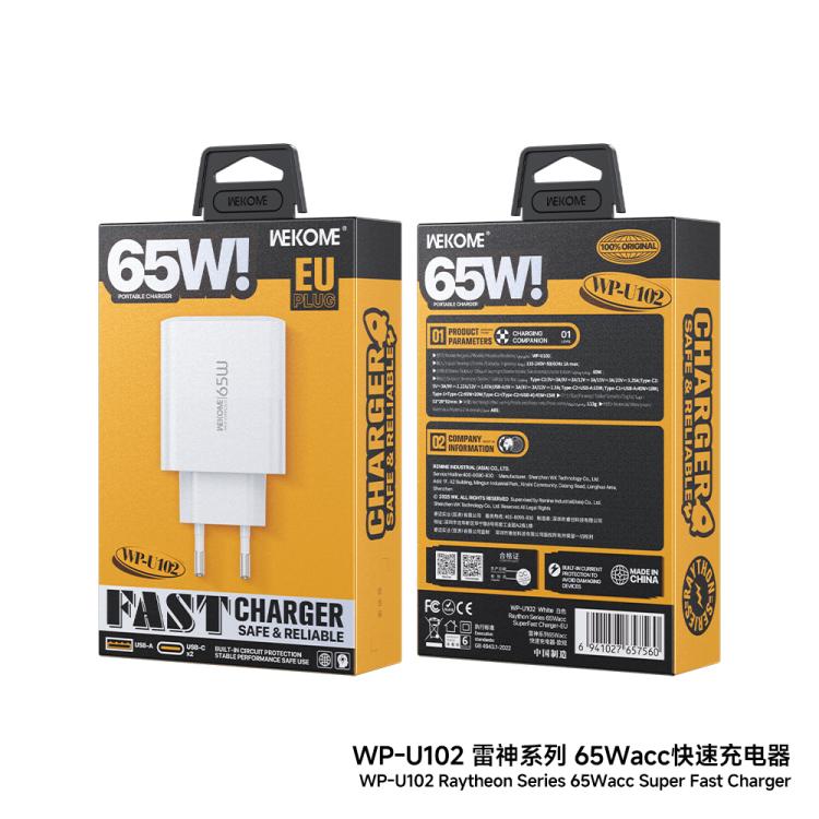 WK WP-U102 Raython Series 65W USB and Type-Cx2 Fast Charger, EU Plug - White