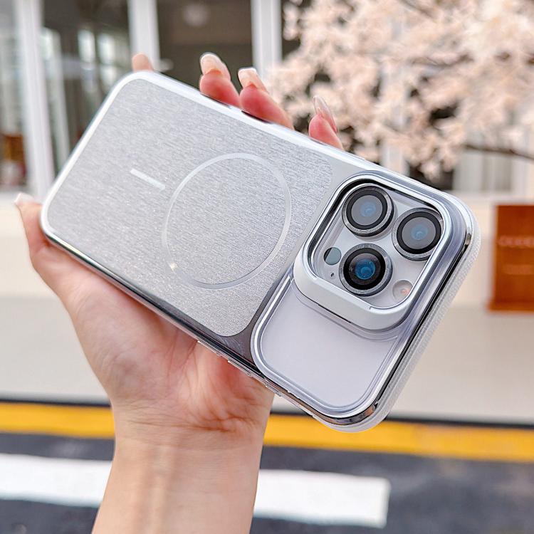 For iPhone 14 Pro Max Brushed Magnetic Phone Case with Lens Frame Holder & Lens Film