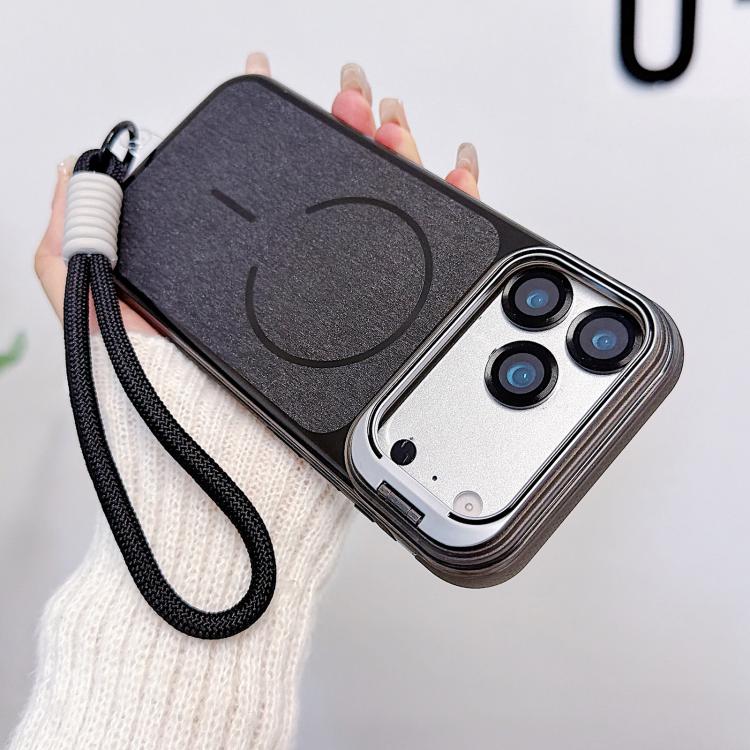 For iPhone 17 Pro Max Brushed Magnetic Phone Case with Lens Frame Holder & Wrist Strap & Lens Film
