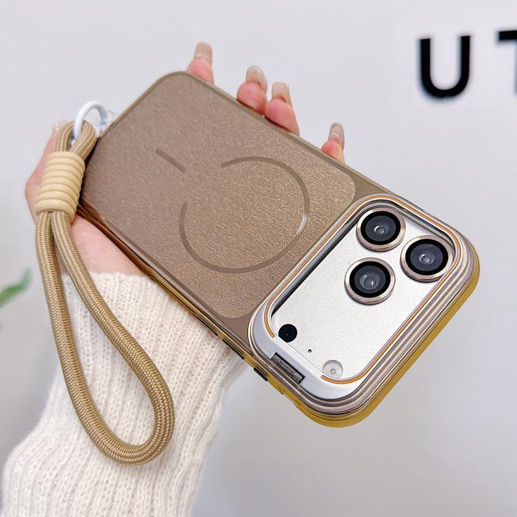 For iPhone 17 Pro Brushed Magnetic Phone Case with Lens Frame Holder & Wrist Strap & Lens Film