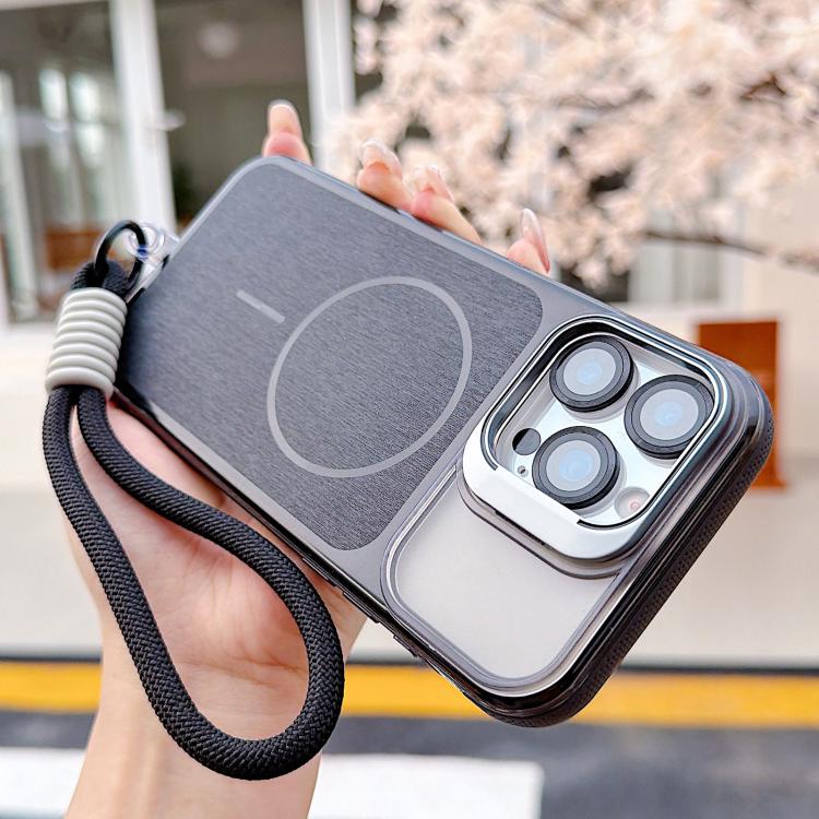 For iPhone 14 Brushed Magnetic Phone Case with Lens Frame Holder & Wrist Strap & Lens Film