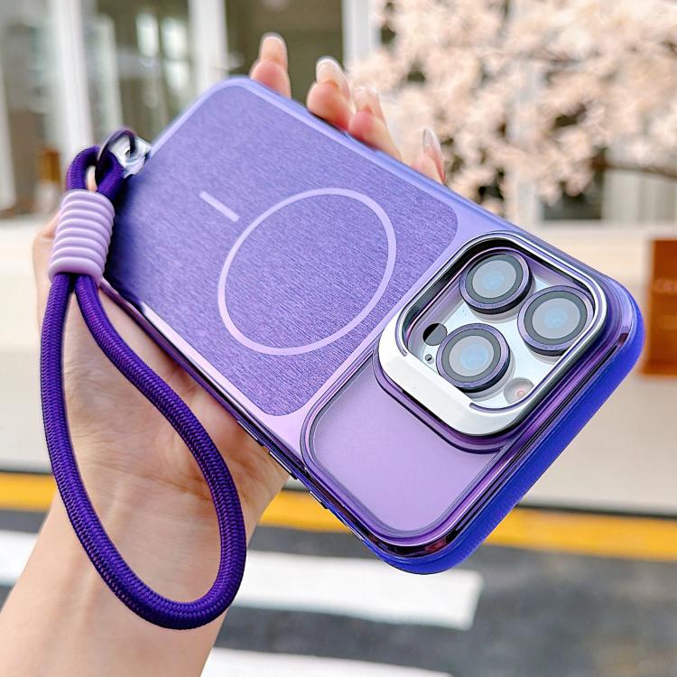 For iPhone 14 Brushed Magnetic Phone Case with Lens Frame Holder & Wrist Strap & Lens Film