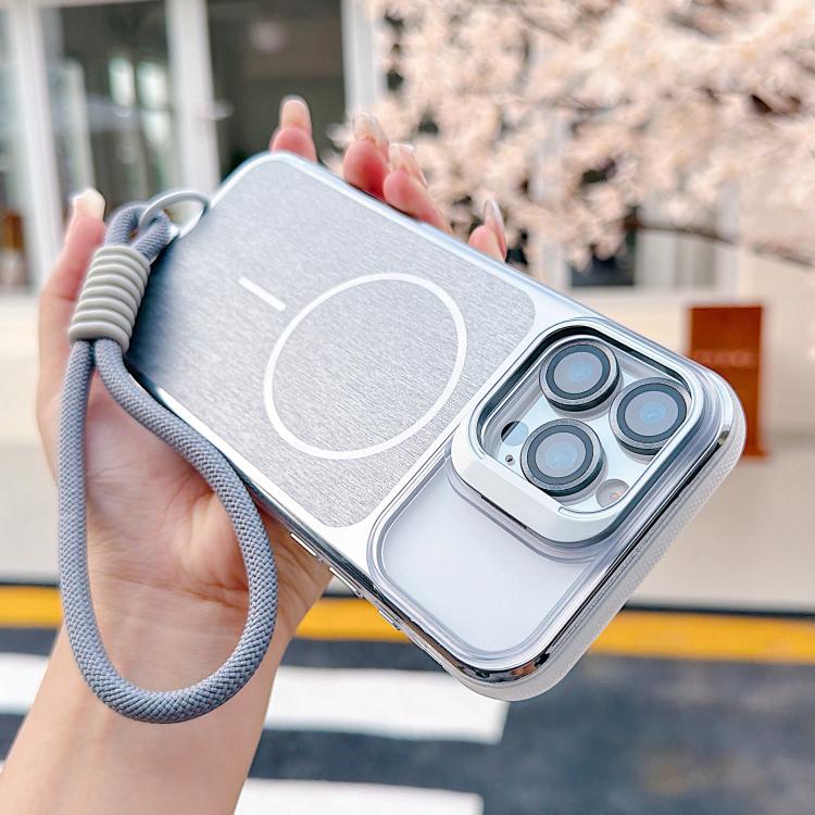 For iPhone 13 Brushed Magnetic Phone Case with Lens Frame Holder & Wrist Strap & Lens Film