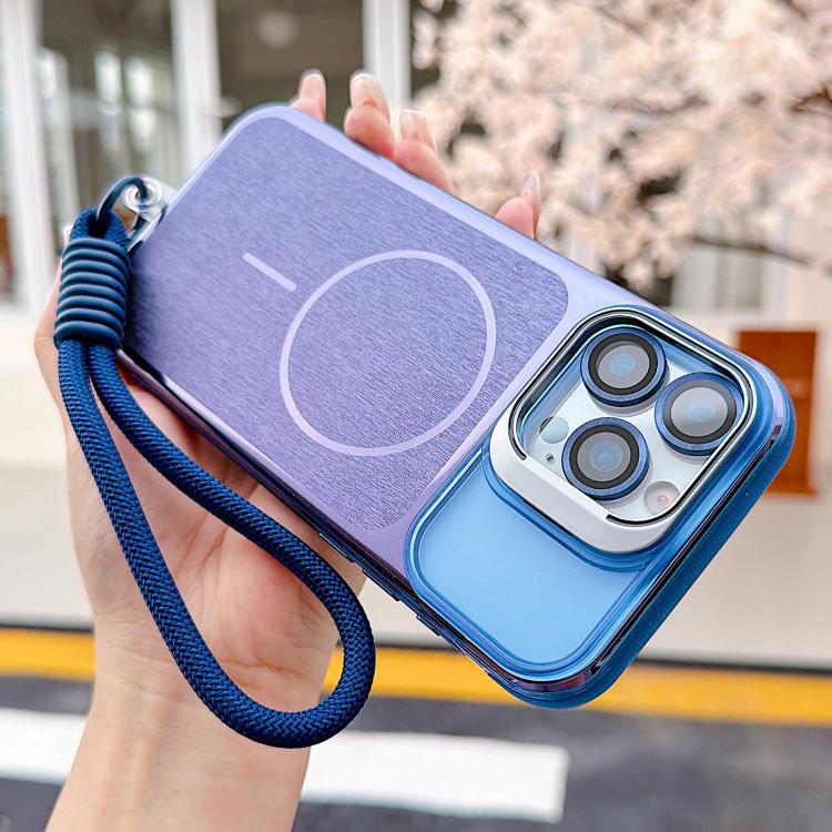 For iPhone 12 Brushed Magnetic Phone Case with Lens Frame Holder & Wrist Strap & Lens Film
