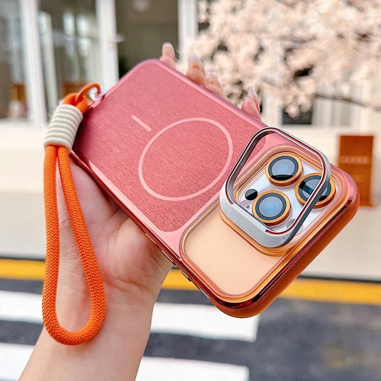 For iPhone 12 Brushed Magnetic Phone Case with Lens Frame Holder & Wrist Strap & Lens Film
