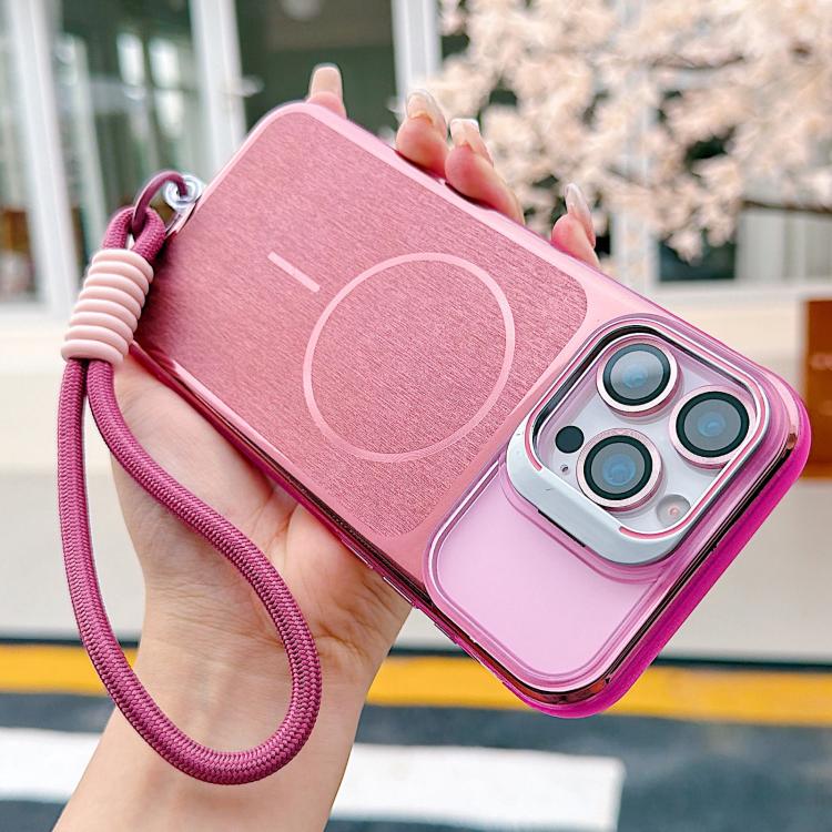 For iPhone 12 Brushed Magnetic Phone Case with Lens Frame Holder & Wrist Strap & Lens Film
