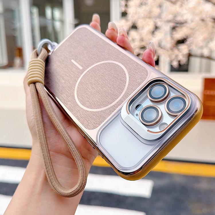 For iPhone 11 Brushed Magnetic Phone Case with Lens Frame Holder & Wrist Strap & Lens Film