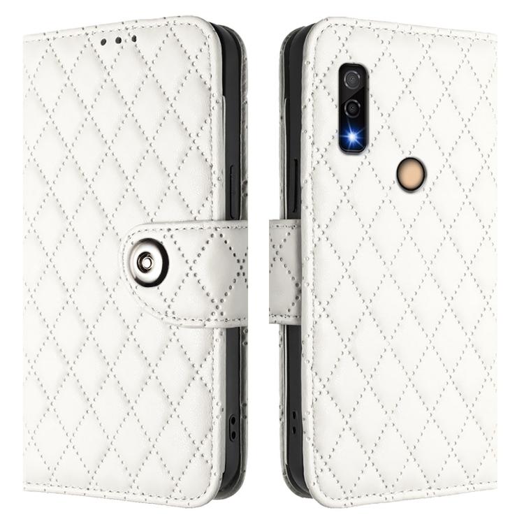 For Fujitsu Arrows We3 Rhombic Texture Flip Leather Phone Case with Lanyard
