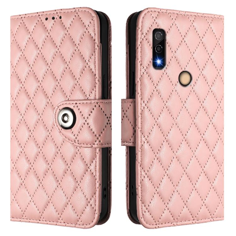 For Fujitsu Arrows We3 Rhombic Texture Flip Leather Phone Case with Lanyard
