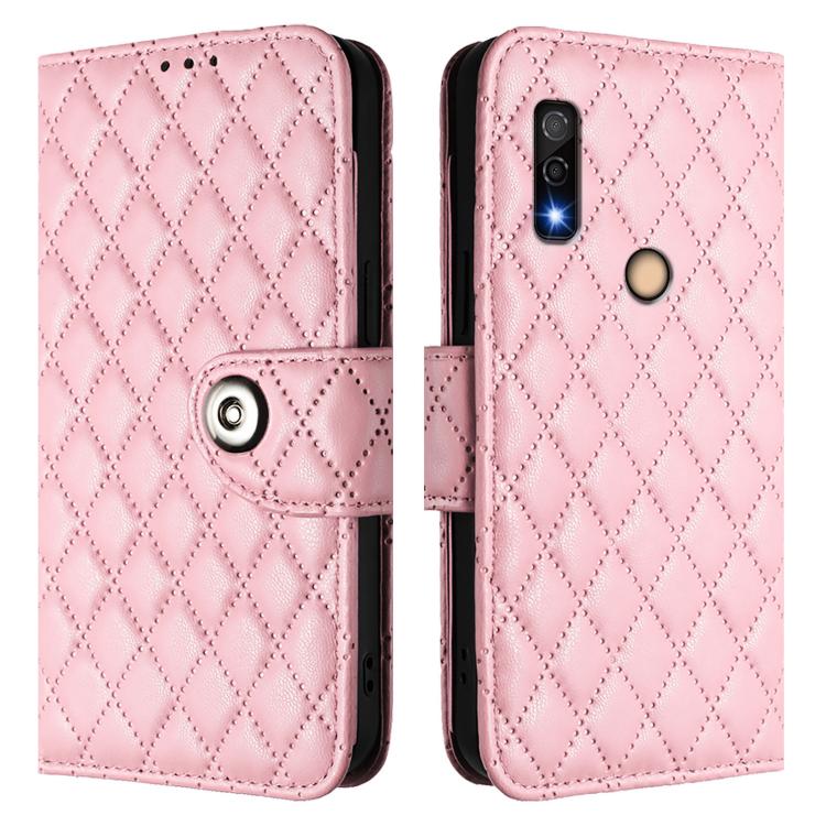 For Fujitsu Arrows We3 Rhombic Texture Flip Leather Phone Case with Lanyard