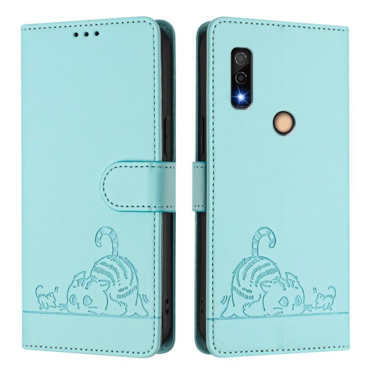 For Fujitsu Arrows We3 Cat Rat Embossed Pattern RFID Leather Phone Case with Lanyard