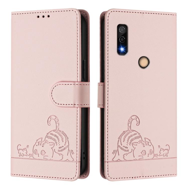 For Fujitsu Arrows We3 Cat Rat Embossed Pattern RFID Leather Phone Case with Lanyard