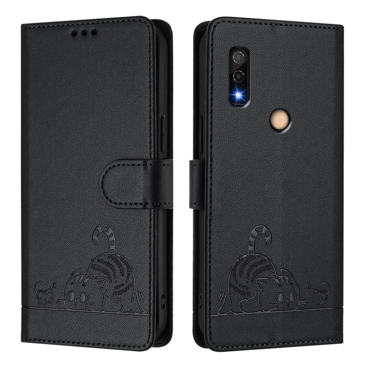 For Fujitsu Arrows We3 Cat Rat Embossed Pattern RFID Leather Phone Case with Lanyard