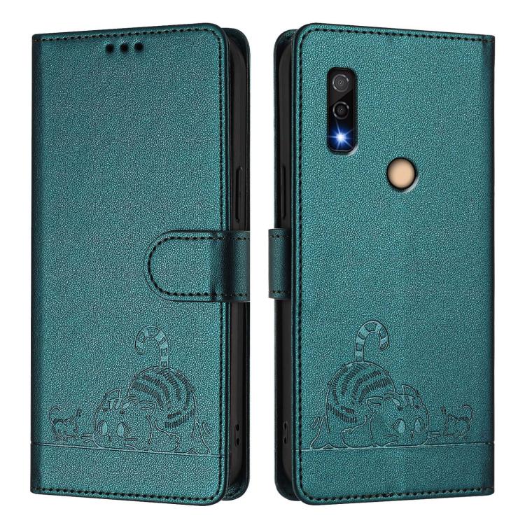 For Fujitsu Arrows We3 Cat Rat Embossed Pattern RFID Leather Phone Case with Lanyard