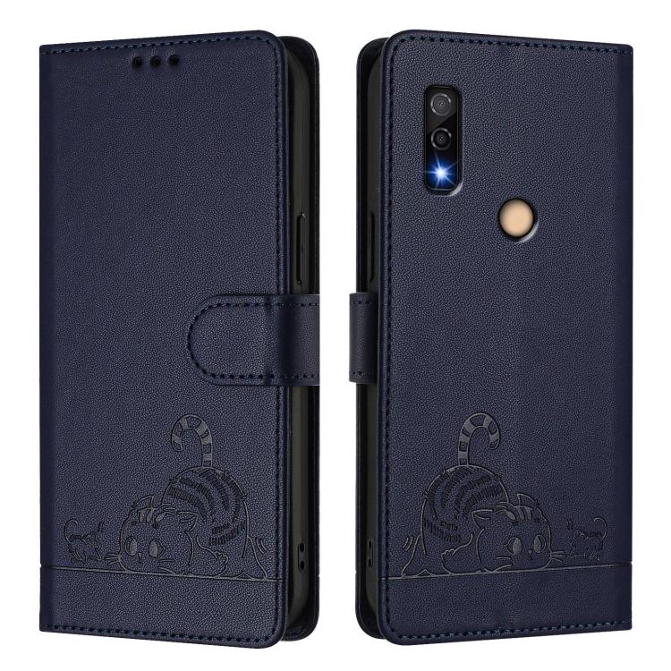 For Fujitsu Arrows We3 Cat Rat Embossed Pattern RFID Leather Phone Case with Lanyard