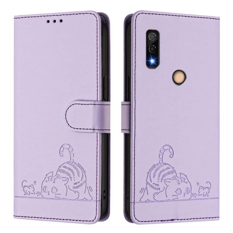For Fujitsu Arrows We3 Cat Rat Embossed Pattern RFID Leather Phone Case with Lanyard