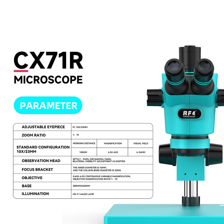 RF4 RF-CX71R 6.5-65X Ergonomic Design Trinocular Stereo Microscope with Big Aluminum Alloy Base - Blue