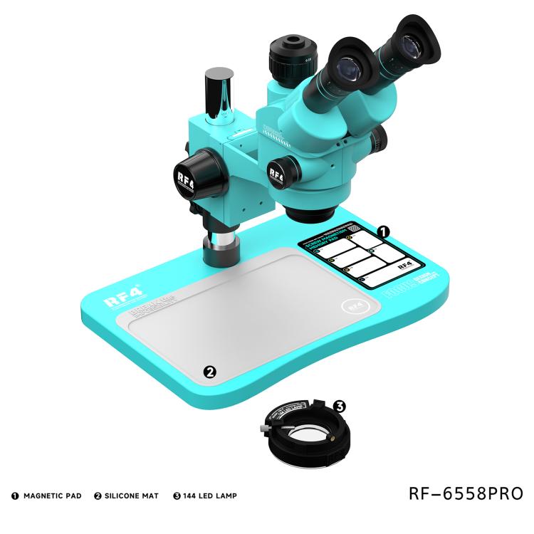 RF4 RF-6558Pro 6.5-58X Trinocular Stereo Microscope with Big Base, Silicone Pad, Screw Pad - Blue