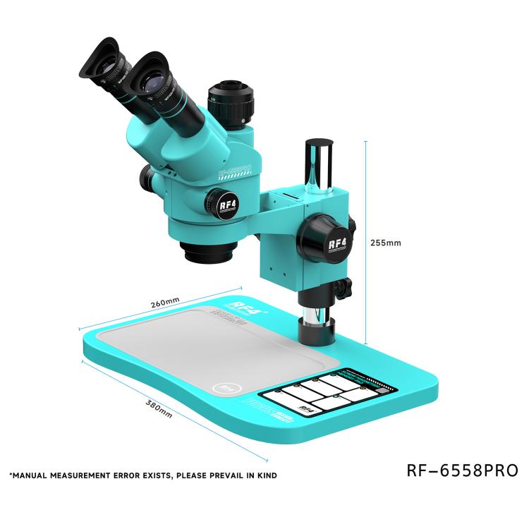 RF4 RF-6558Pro 6.5-58X Trinocular Stereo Microscope with Big Base, Silicone Pad, Screw Pad - Blue