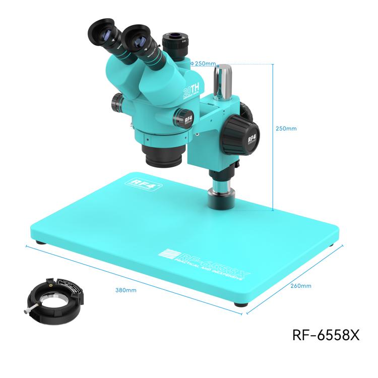 RF4 RF-6558X 6.5-58X Synchronous Zoom Trinocular Stereo Microscope with Aluminum Alloy Big Base - Blue